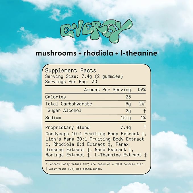 Energy Mushroom Gummies - Organic Lions Mane Supplement with Cordyceps, Rhodiola, L-Theanine, Maca - Vegan & Sugar-Free - Energy, Focus, Stamina, Stress Reduction - 60 Gummies (30 Servings)