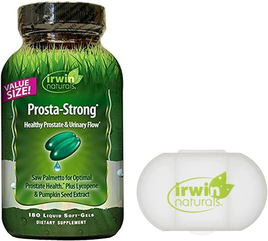 Irwin Naturals Prosta-Strong Supplement - Prostate Health Support with Saw Palmetto, Lycopene, Pumpkin Seed & More - 180 Liquid Softgels - Bundle with Irwin Pill Case - Supports Urinary Flow