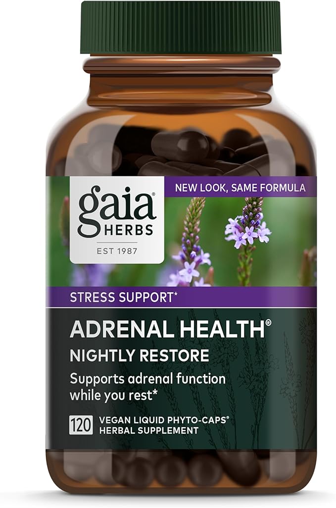 Gaia Herbs Adrenal Health Nightly Restore - Herbal Supplement with Ashwagandha, Magnolia Bark, Cordyceps, Lemon Balm & More - 120 Vegan Liquid Phyto-Capsules (60 Servings)