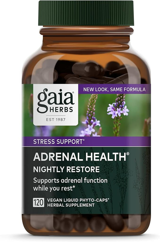 Gaia Herbs Adrenal Health Nightly Restore - Herbal Supplement with Ashwagandha, Magnolia Bark, Cordyceps, Lemon Balm & More - 120 Vegan Liquid Phyto-Capsules (60 Servings)