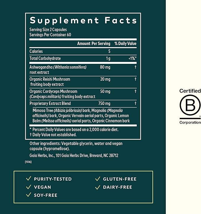 Gaia Herbs Adrenal Health Nightly Restore - Herbal Supplement with Ashwagandha, Magnolia Bark, Cordyceps, Lemon Balm & More - 120 Vegan Liquid Phyto-Capsules (60 Servings)