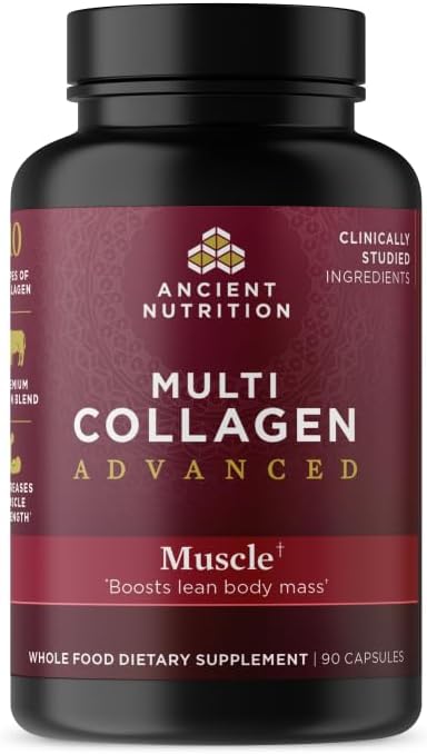 Ancient Nutrition Advanced Collagen Protein Muscle with Probiotics, Hydrolyzed Collagen Peptides Supports Healthy Body Composition* and Muscle Building*, 90 Count