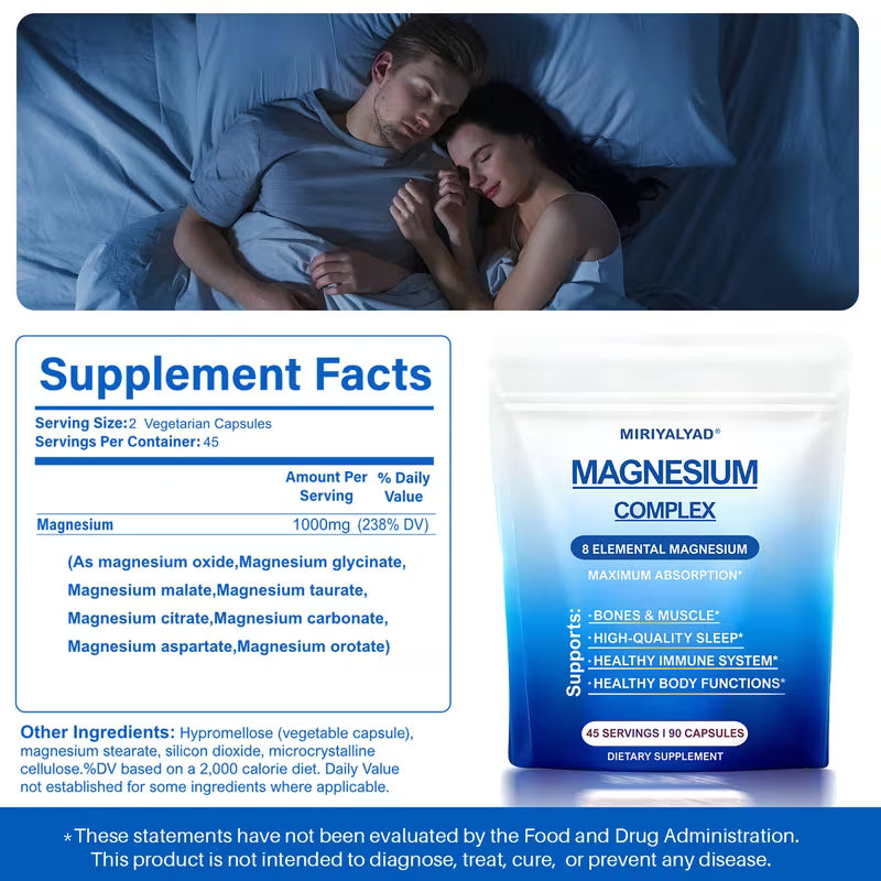 Supplement package with a couple lying in bed, supplement facts panel, and Miriyalyad Magnesium Complex packaging.