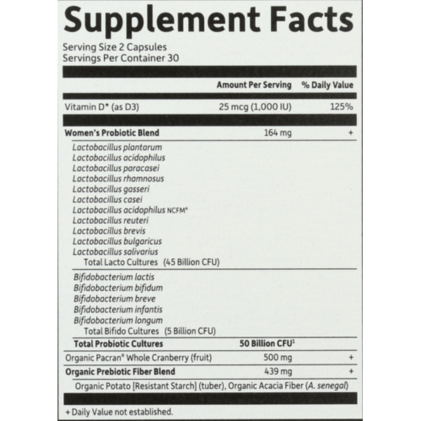 Supplement facts label for a women's probiotic blend with detailed ingredient list on a white background.