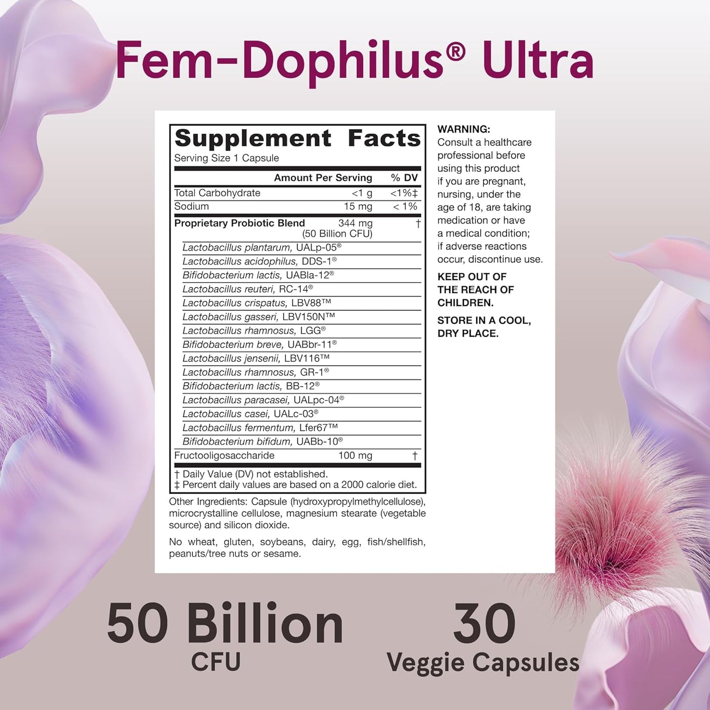 Fem-Dophilus Ultra supplement label with probiotic information and floral design elements.