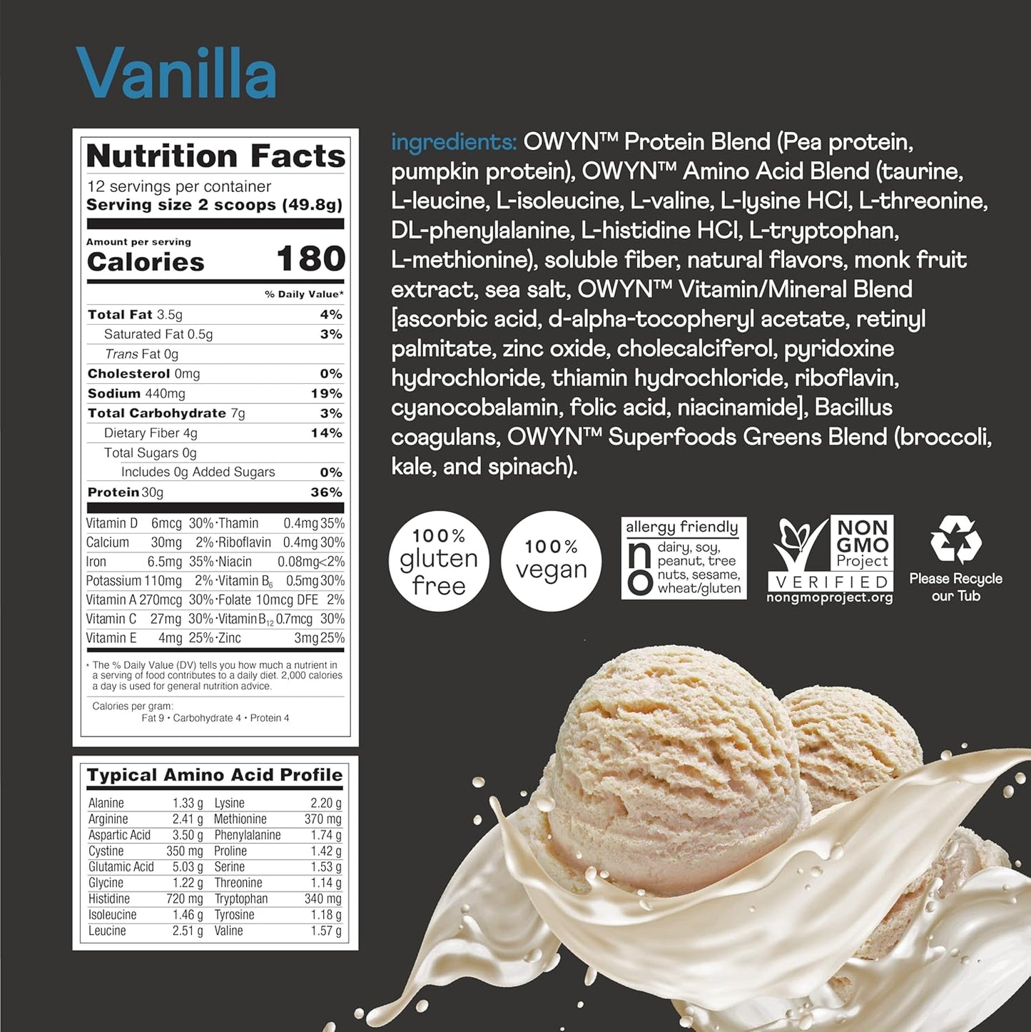 Vanilla ice cream container with nutrition facts label and ingredients list on a dark background.