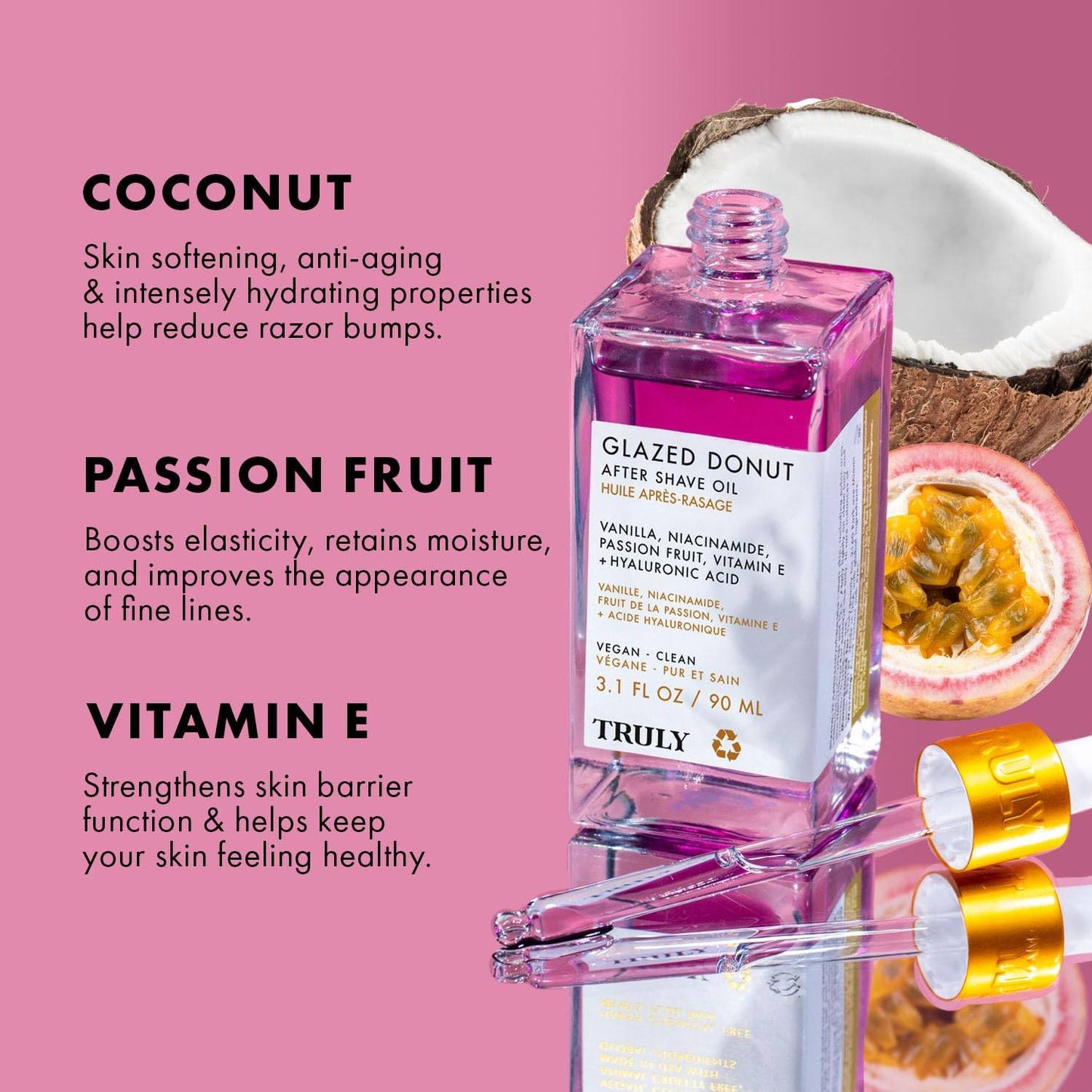 Bottle of Glazed Donut after shave oil with coconut, passion fruit, and vitamin E text on a pink background