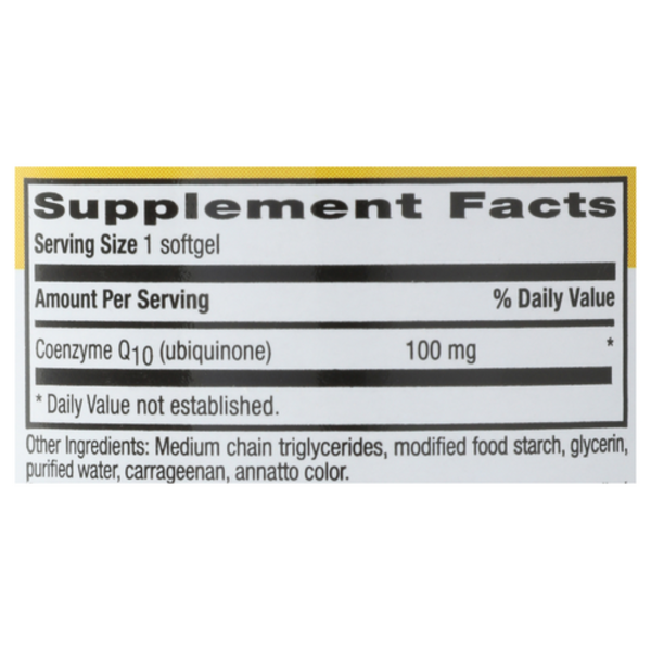 Close-up of the Supplement Facts panel for Country Life Co Q-10, clearly showing the 100 mg Coenzyme Q10 content.