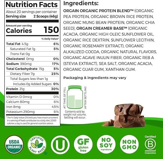 Nutrition facts and ingredients label for a protein supplement with a green background and protein scoop image.