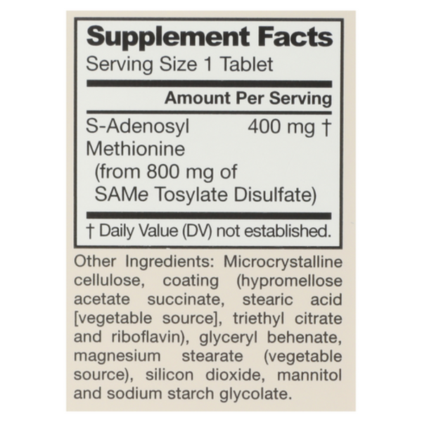 Supplement facts label for S-Adenosyl Methionine tablet on a white background