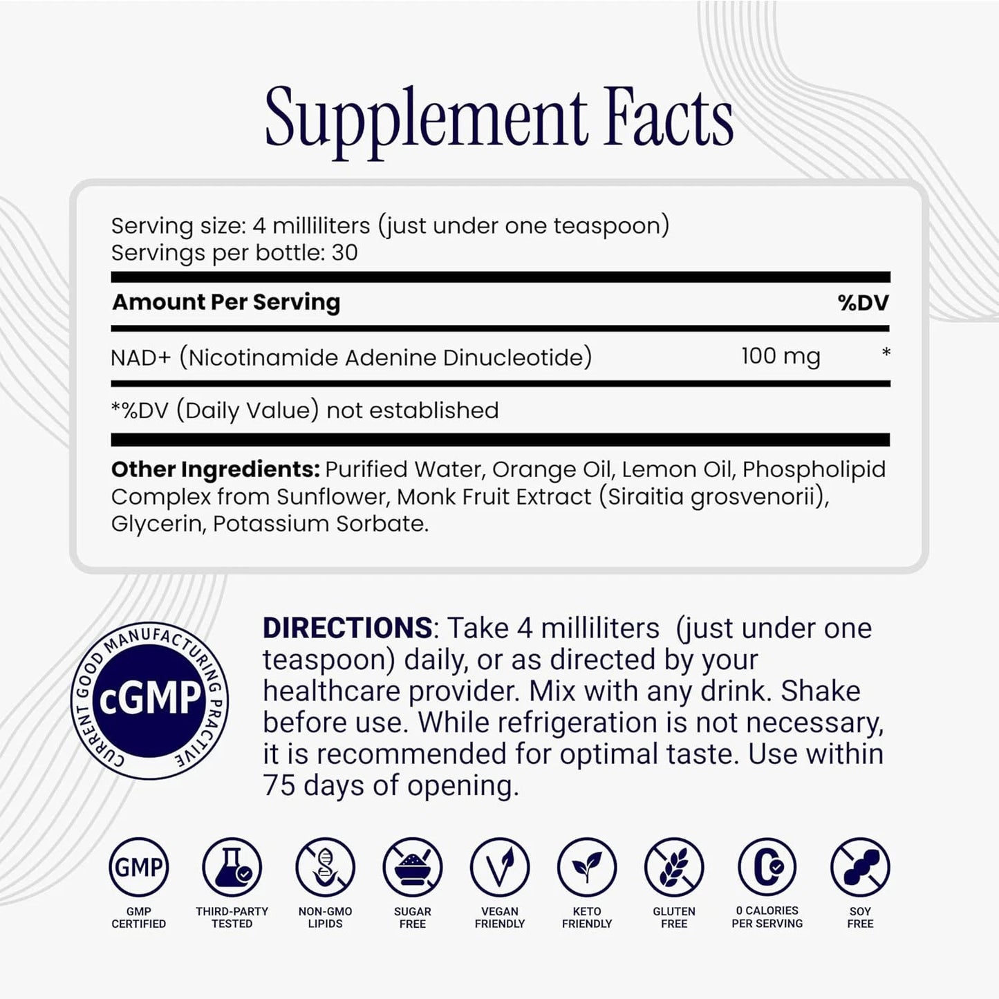 Supplement facts label with NAD+ content and directions on a white background