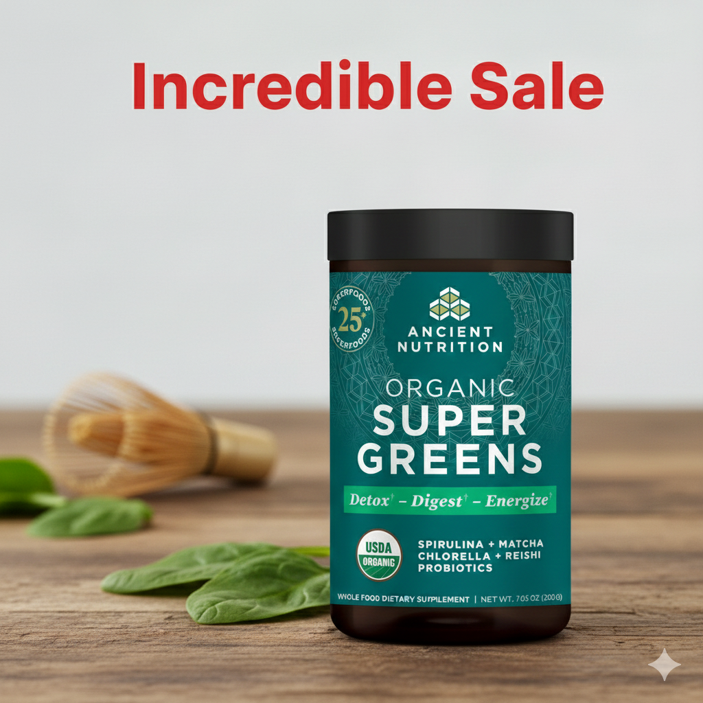 Bag of Organic SuperGreens Powder, 7.05 oz size, showing the USDA Organic seal and green color.