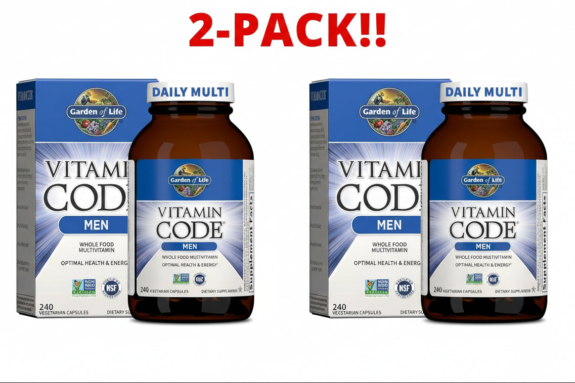 Two bottles and two boxes of Garden of Life Vitamin Code Men's Daily Multivitamin on a white background.