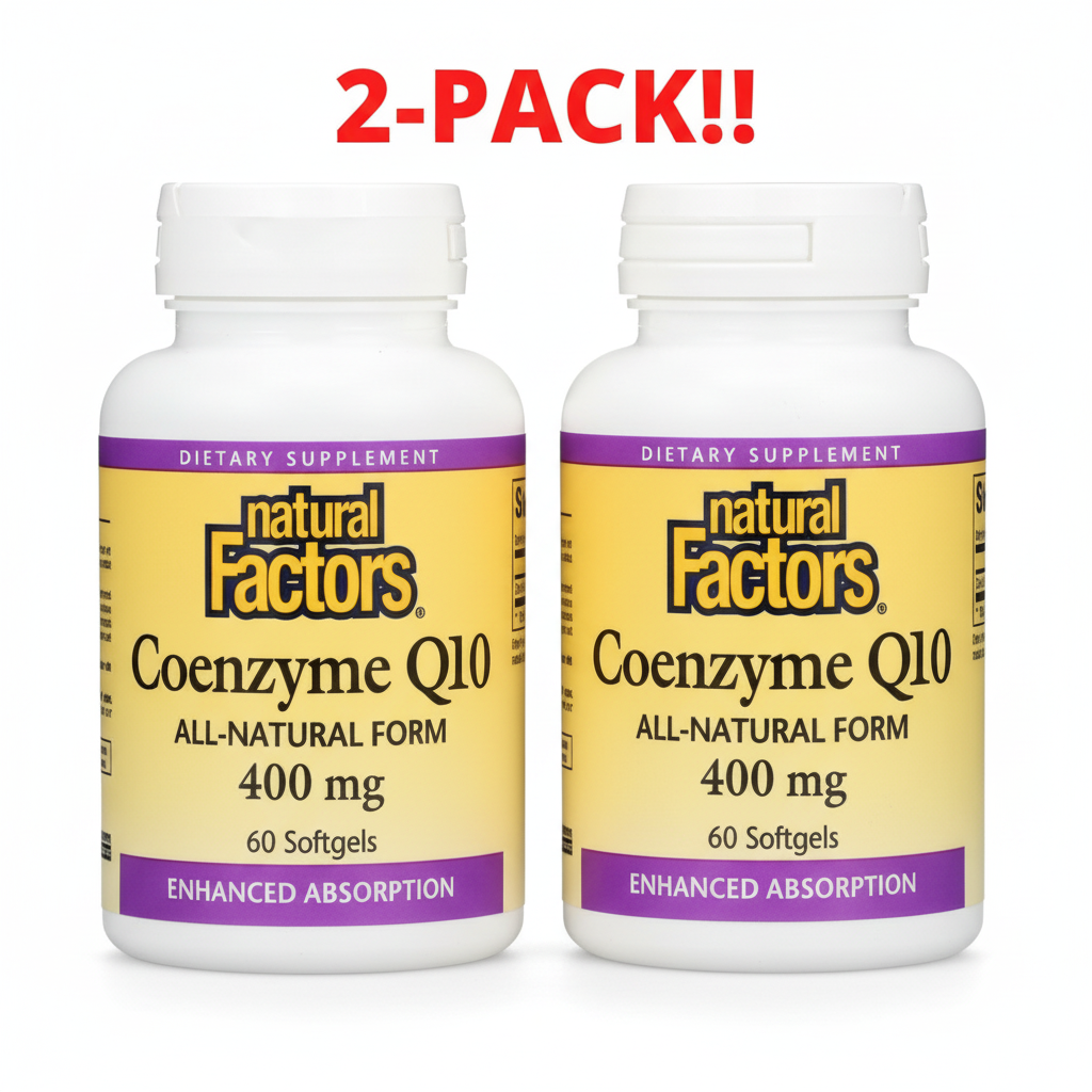 Two bottles of Natural Factors Coenzyme Q10 400 mg, 60 Softgels each (120 total servings), highlighting heart health and energy support.