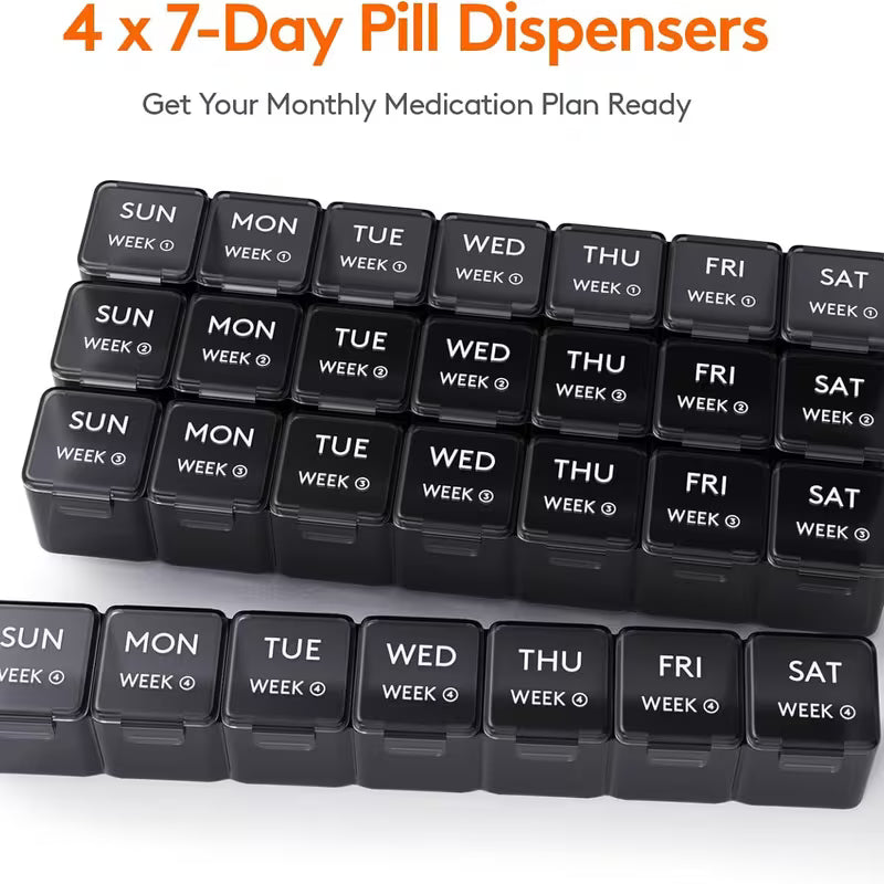 Black pill dispensers with days of the week labels on a white background