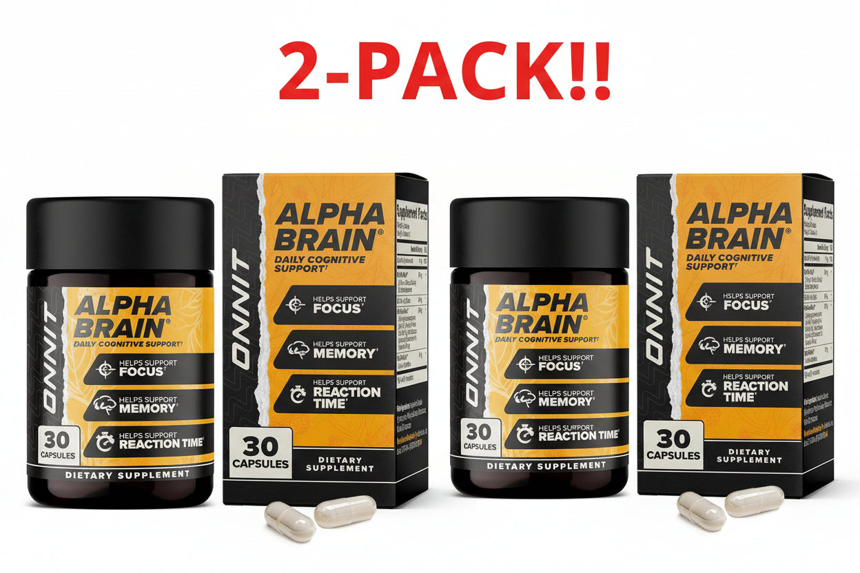 Two bottles and two boxes of Alpha Brain dietary supplements with '2-Pack!!' text on a white background.