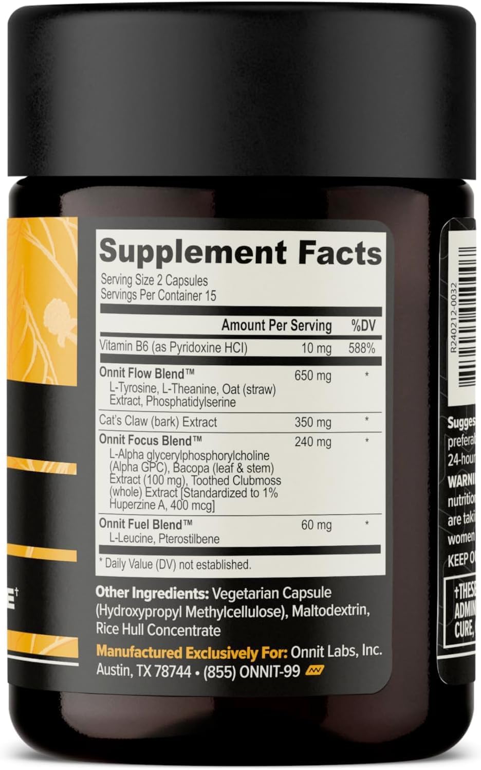 Supplement bottle with label showing 'Supplement Facts' on a black background