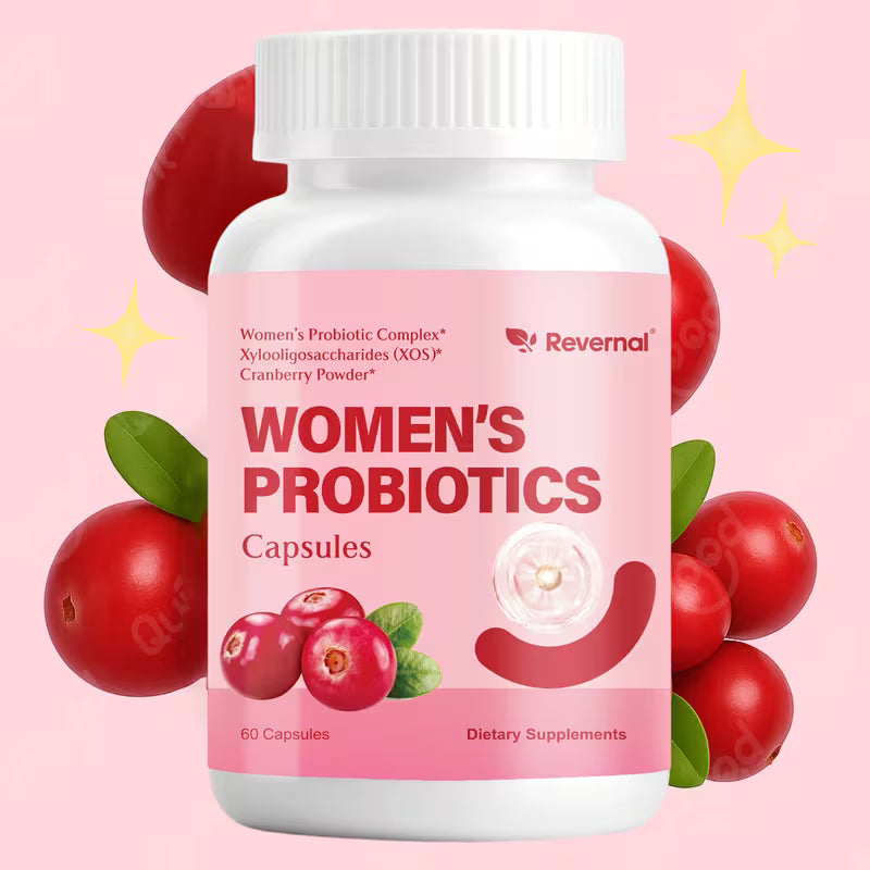 Bottle of women's probiotics with cranberries on a pink background