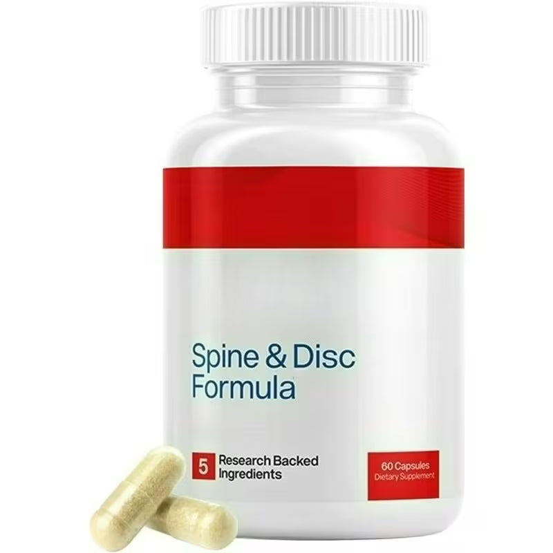 Supplement bottle labeled 'Spine & Disc Formula' with capsules on a white background