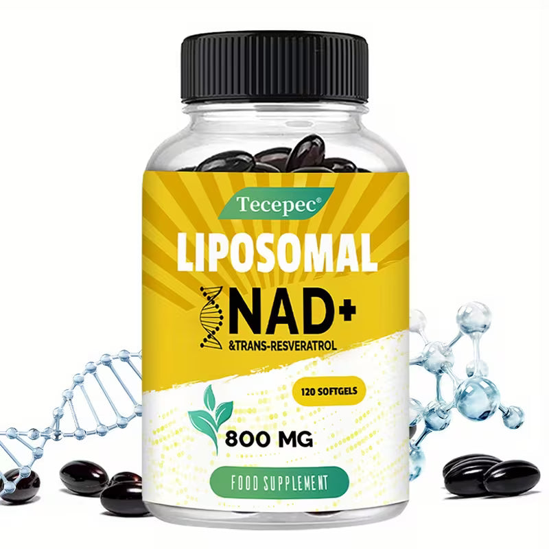 Bottle of Tecepec Liposomal NAD+ supplement with black capsules on a white background