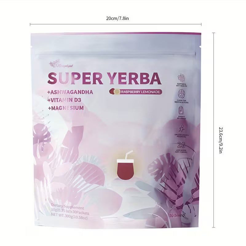 Super Yerba package with dimensions on a white background