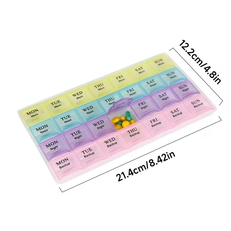Weekly pill organizer with colorful compartments and measurements on a white background
