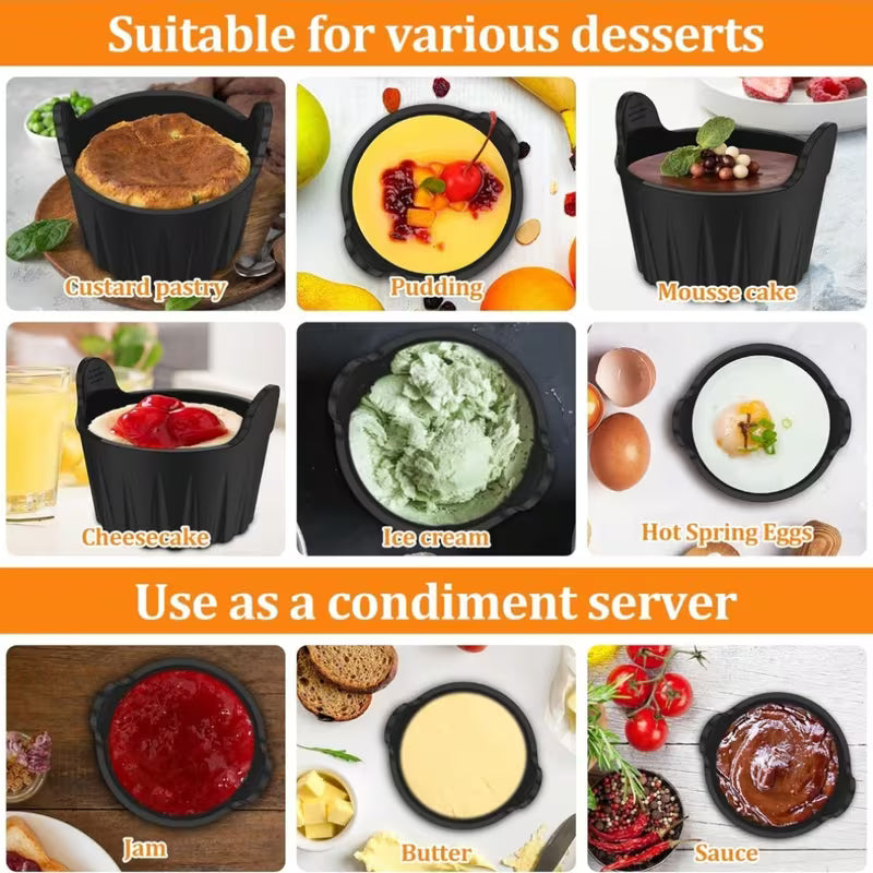 Collage of black serving dishes used for various desserts and condiments.