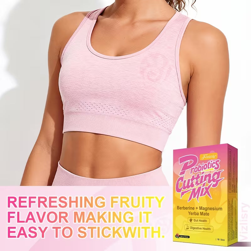 Woman wearing a pink sports bra and leggings with a box of Probiotics Cutting Mix on a white background.