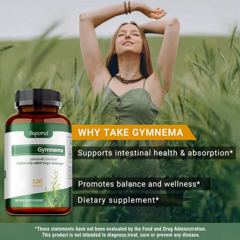 Buporal Gymnema supplement bottle with a woman in a field, promoting intestinal health and wellness.