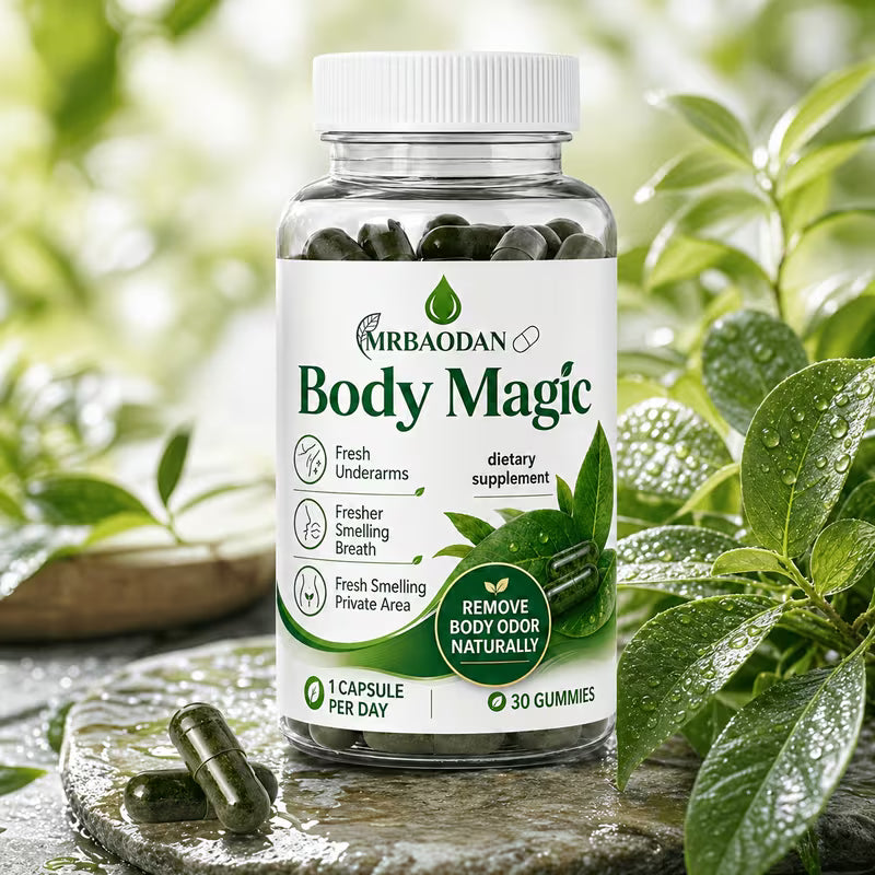 Supplement bottle labeled 'Body Magic' by MrBaodan on a natural background with greenery.