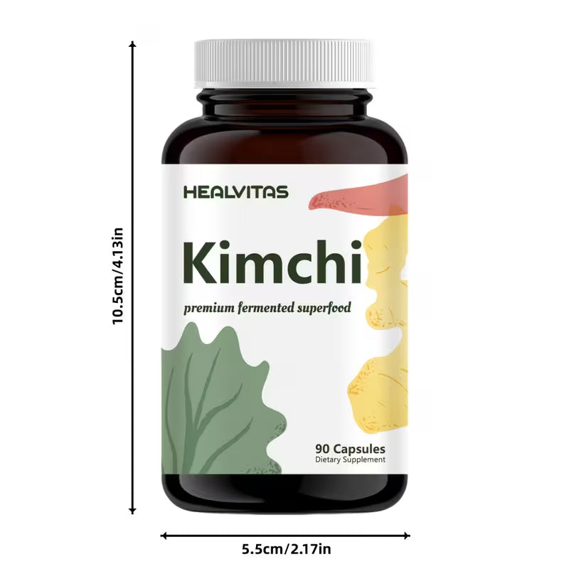 Supplement bottle labeled 'Kimchi' by Healvitas with dimensions on a white background