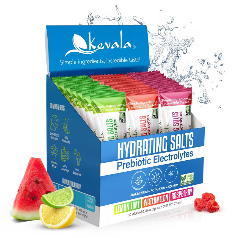 Kevala Hydrating Salts packaging with colorful sticks and fruit illustrations on a white background
