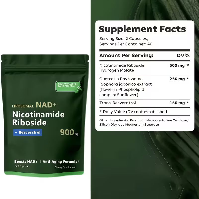 Liposomal NAD+ supplement capsules displayed with product packaging on a clean background