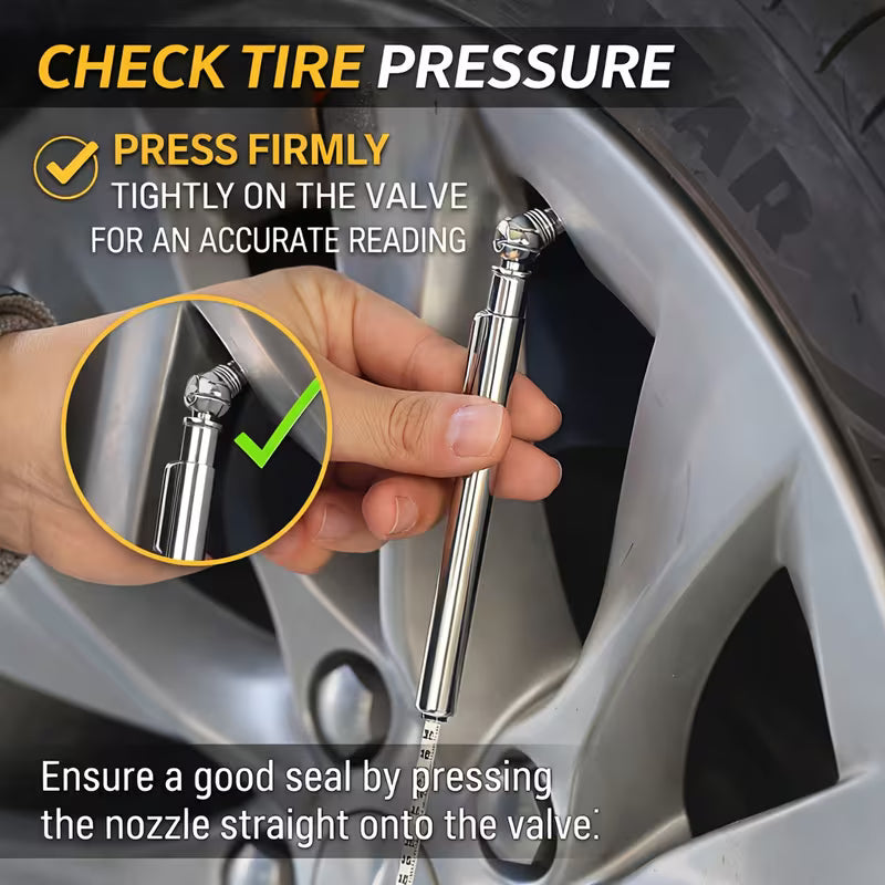 Person checking tire pressure with a tool, with text on how to properly press on the valve.