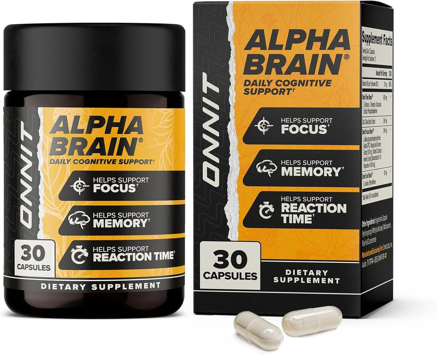 Alpha Brain dietary supplement bottle and packaging on a white background