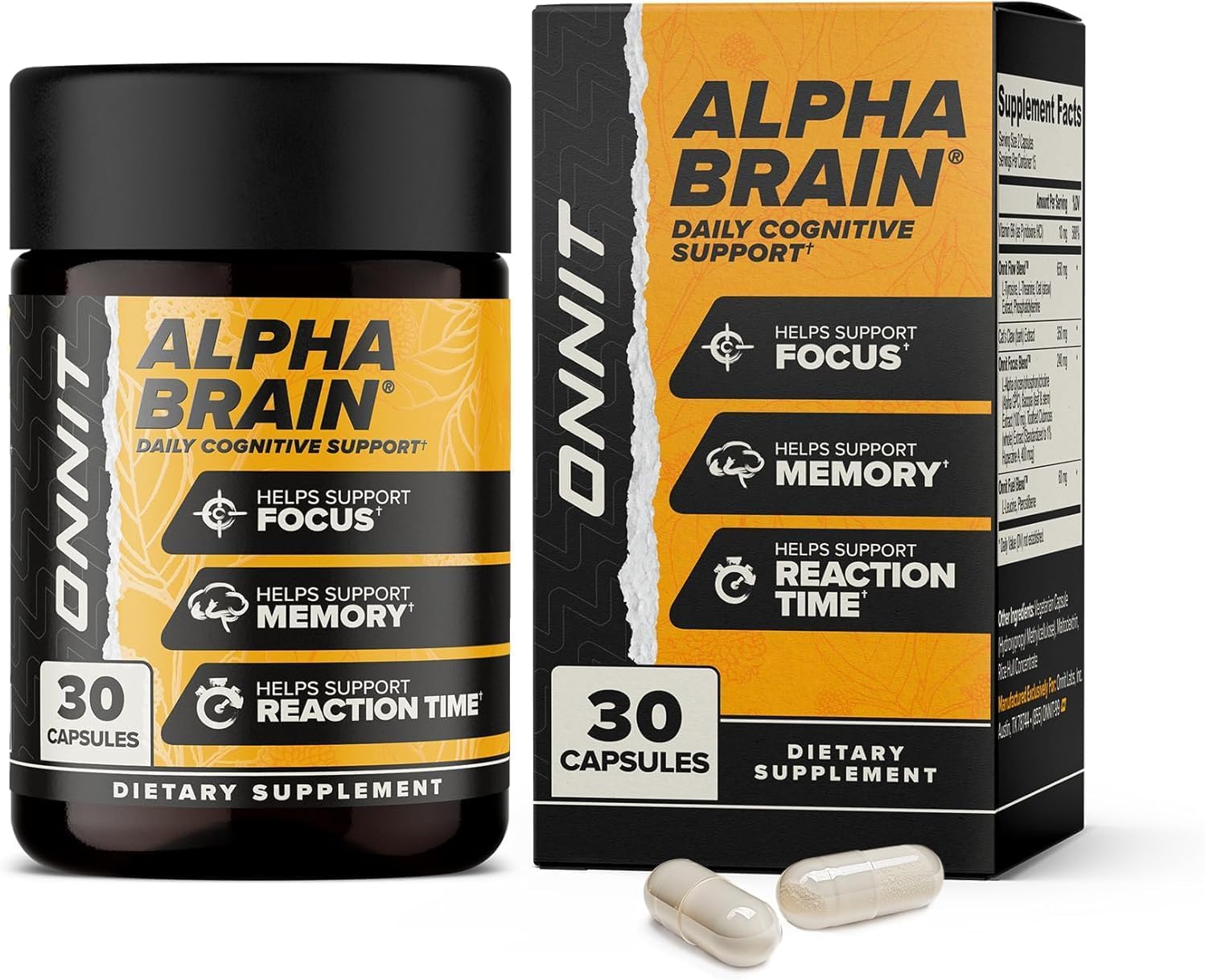 Alpha Brain dietary supplement bottle and packaging on a white background
