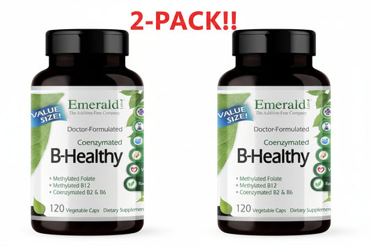 Two bottles of Emerald B-Healthy dietary supplements with a '2-Pack!' label on a white background.