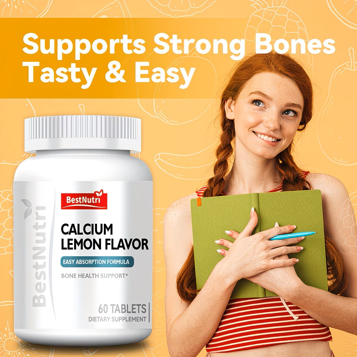 Supplement bottle labeled 'BestNutri Calcium Lemon Flavor' with a person holding books on a yellow background.