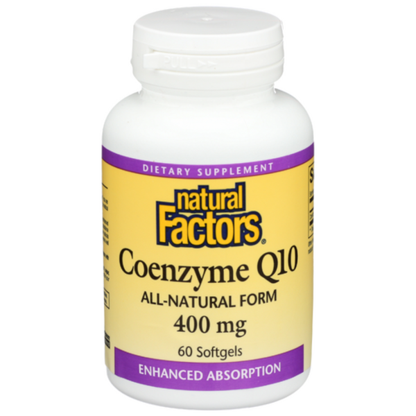 Natural Factors Coenzyme Q10 400 mg, 60 Softgels bottle, indicating antioxidant and cellular energy support for heart health.