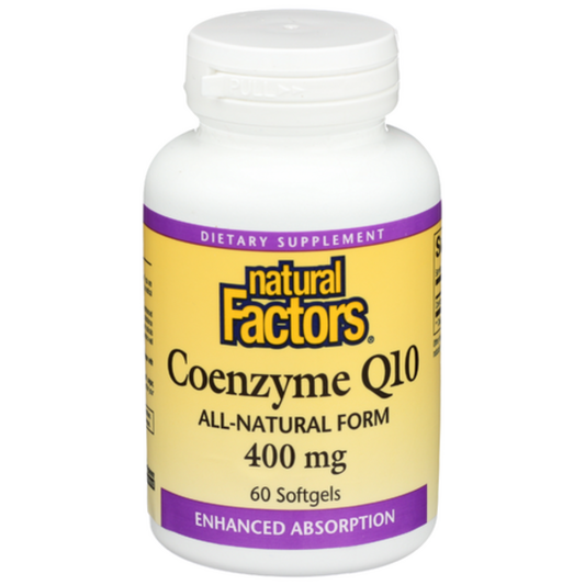 Natural Factors Coenzyme Q10 400 mg, 60 Softgels bottle, indicating antioxidant and cellular energy support for heart health.