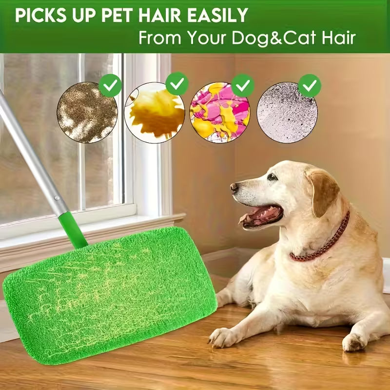 Green cleaning tool with pet hair removal capabilities, shown with a dog on a wooden floor.