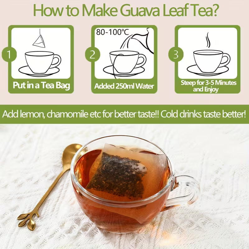 Instructions on how to make guava leaf tea with a cup of tea and tea bag.