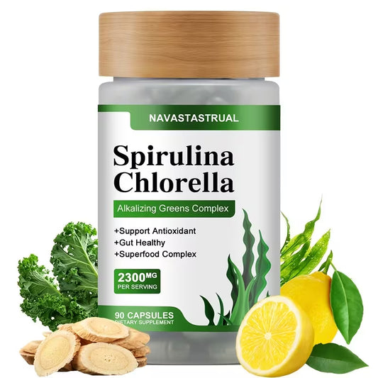Navastastral Spirulina Chlorella supplement bottle with green leaves and lemon on a white background