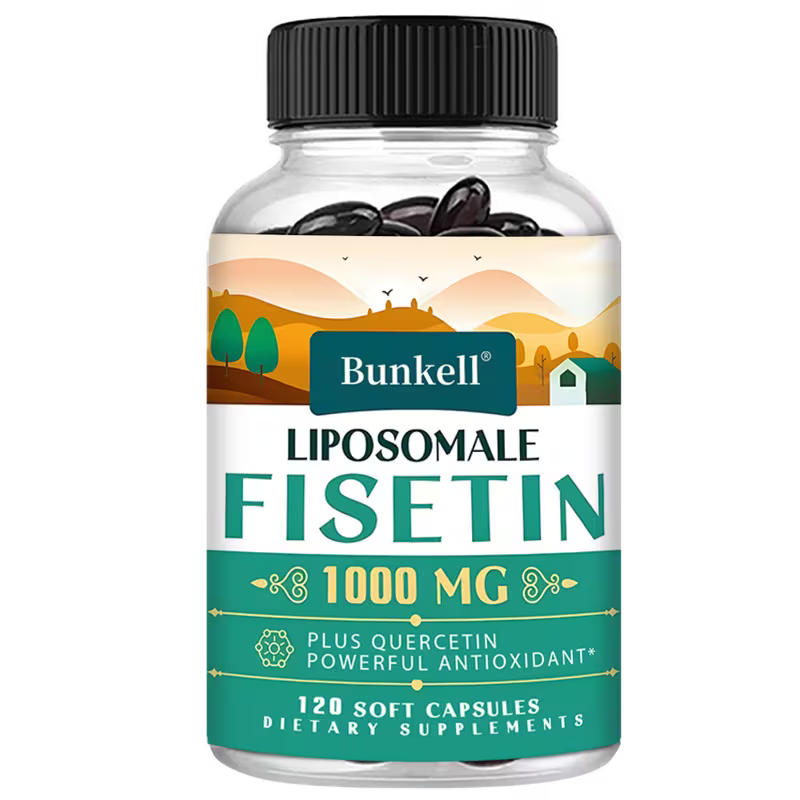 Bottle of Bunkell Liposomale Fisetin 1000 MG dietary supplement with a scenic label.