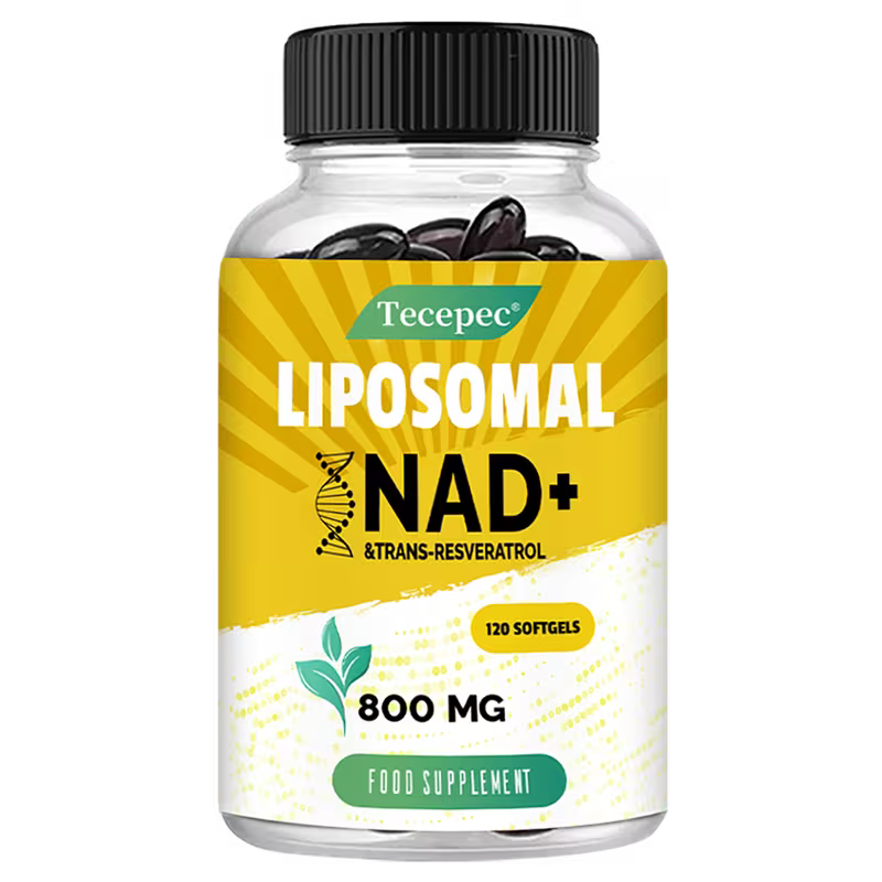 Bottle of Tecepec Liposomal NAD+ supplement on a white background