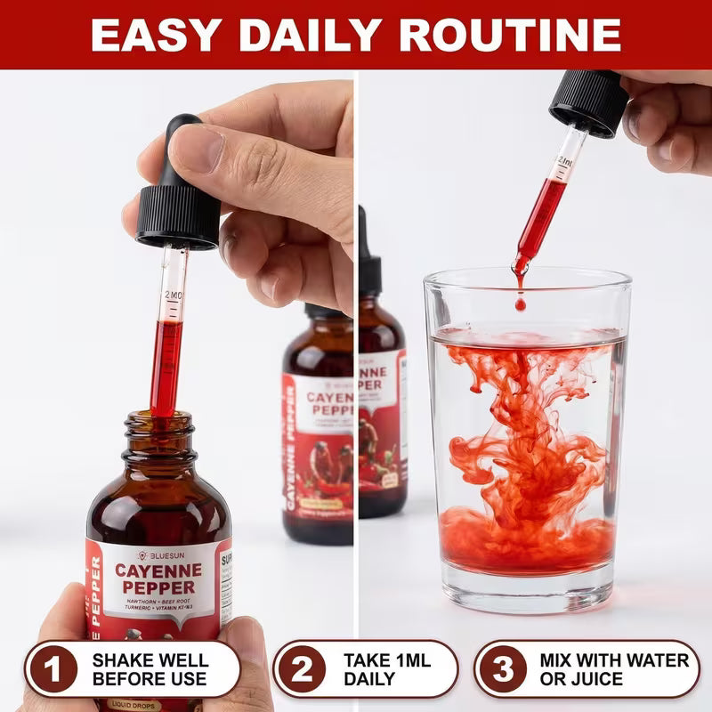 Cayenne pepper oil bottle with dropper, labeled 'Easy Daily Routine', on a white background.