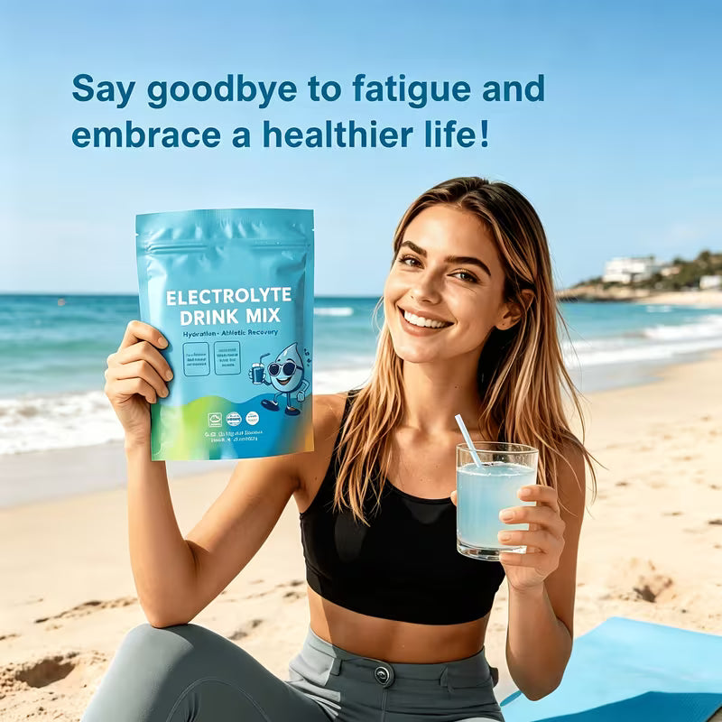 Woman holding an electrolyte drink mix package and a glass of water on a beach.