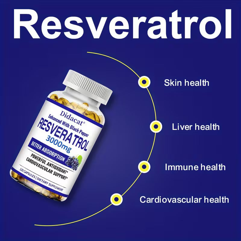 Bottle of Didacat Resveratrol 3000mg supplement with health benefits listed on a blue background