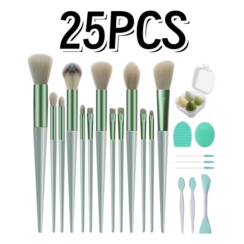 Set of 25 makeup brushes with green handles and various accessories on a white background.