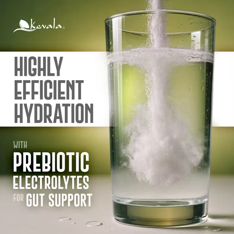 Glass of water with powder being added, promoting hydration and prebiotic electrolytes for gut support.